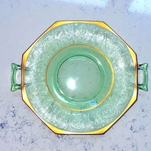Octagon Etched Serving Dish Heavy Gold Decoration on Rim Moongleam Green 7 3/4”